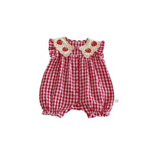 3-24M Summer Sweet Style Baby Bodysuit Strawberry Embroidery Collar Sleeveless Romper for Girls Red Plaid Infant Jumpsuit2026
