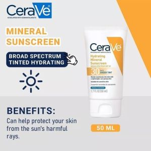 CeraVe Hydrating Mineral Sunscreen SPF 30 50ml & SPF 50 75ml Lightweight Sunblock for Face and Body