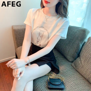 AFEG new Korean version round neck fashion loose all-match silk satin animal print stitching cotton short-sleeved T-shirt