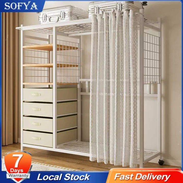 Sofya Movable Clothes Rack Sheer Curtain Simple Wardrobe Coat Rack With ...