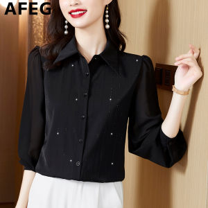 AFEG new Korean style shirt collar fashion loose all-match temperament hot diamond chiffon long-sleeved blouse for women