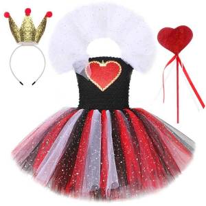11.11 Fairytale Heart Pattern Tutu Costume Black Top Sparkle Mesh Skirt with Crown Wand Accessory for Halloween Birthday Dress-up h2610