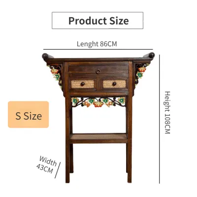 Hand Carved Solid Wood Buddha Altar Table Decorative Table with 3 Storage Drawers and Rectangular Storage Shelf for Living Room Bedroom and Hallway