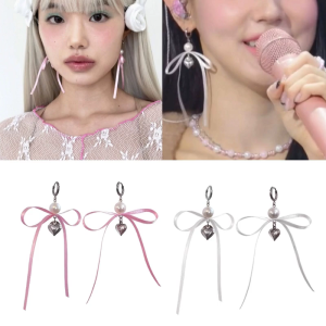 Fashion Pearl Heart Dangle Earrings Ribbon Bowknot Charm Earrings Simple Ear Hooks Sweet Drop Earrings Summer