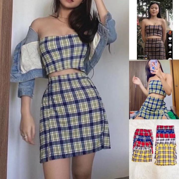 178603 LADIES FASHION KOREAN STYLE CHECKERED PLAID TUBE SKIRT WITH SLITS TERNO COORDINATES SIZE FREE SIZE FITS SMALL TO MEDIUM FRAME Lazada PH