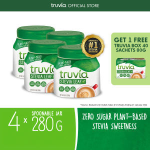 Truvia® Stevia Leaf Sweetener 4 Jars x 280g Zero Calories Sugar-Free + FREE Box of 40 (80g)