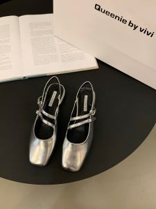 French Low Heel Silver Mary Jane Sandals Fairy Shoes Summer Square Toe Block Heel Evening Singles