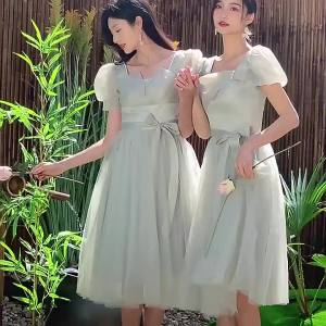 Short Sleeves Bridesmaid Dresses Sage Green Forest Style Midi Wedding Gowns