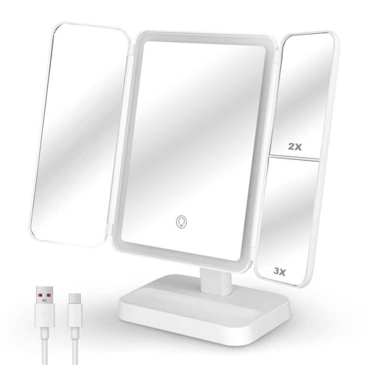 Trifold Vanity Mirror, Desktop Mirror With LED, 3 Way Makeup Mirror