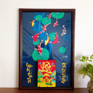Lịch tết 2027 tranh phong thủy tráng gương bằng gỗ Cá Chép Hoa Sen có gắn bloc lịch bền đẹp theo thời gian