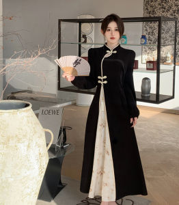 Women Long Dress Cheongsam 2024 Long Sleeve A-line Elegant Traditional Clothing for Temple Casual Daily Occasions School Uniform Black Long Gown Stretchable