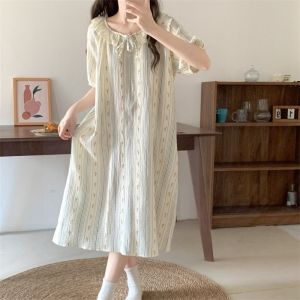 SWEET TIM pajamas for women 睡衣 Stripe Womens Pajama Dress Loose Lace Up Sweet Nightgowns Soft Sleepwear Short Sleeve Nightdress Female