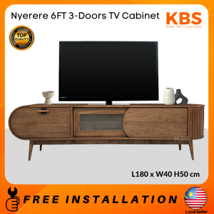 (FREE Installation+Shipping) KBS Nyerere 6FT 3-Doors TV Cabinet / Solid Wood / 2 Slide Doors + 1 Soft Close Doors / Elegant / Mid-century Modern / L180 x W40 H50 cm