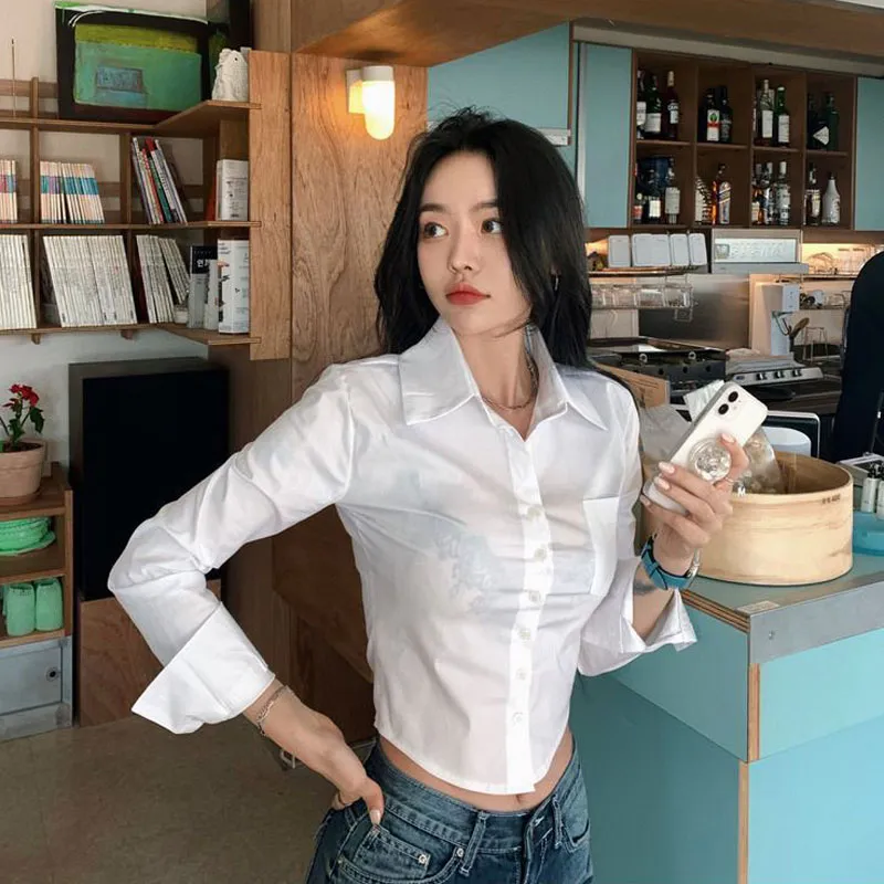 New Korean Fashion Women's Long Sleeves Shirt Solid Color Short