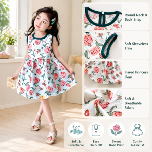 AILEBE Kids Dresses Sleeveless A-Line Princess Dress With Back Snap Easy On Off Soft Breathable Summer Wear Cute Cartoon Print Flared Hem Classic Round Neck Comfy Fit OOTD Pambahay For Baby Girls 0-10 Years