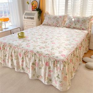 Dansunreve 100% Cotton Bed Skirt 1200TC High Quality Bedsheet Flower 45cm Height Bed Sheet with Skirt Anti-slip Bedspread Pillow Case Mattress Protector with Elastic Bands Skin-friendly