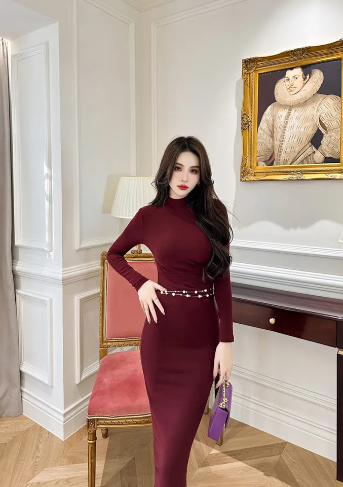 Casual Red Gown With Sleeves Tight Maroon Casual Dresses ZYHT