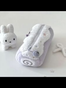 Oldlaiben Cream Swiss Roll Plush Pencil Case Large Capacity Cute School Student Stationery Organizer Bag