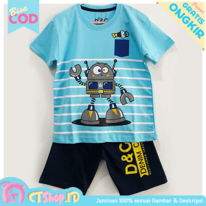Baju Anak Laki Laki / Kaos Anak Setelan Lengan Pendek Motif Robot Salur Blue 1 - 10 Tahun