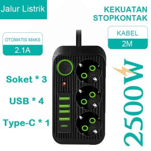 2500W Stop Kontak USB Kabel Serbaguna Multiguna Panjang 2 Meter Original Power Socket Elektrik