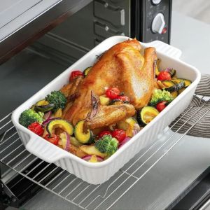 FGHAFGGR Deepened Ceramic Baking Tray Stripe Pattern Rectangular Baking Dish Casserole Dish With Handle Lasagna Pan Oven