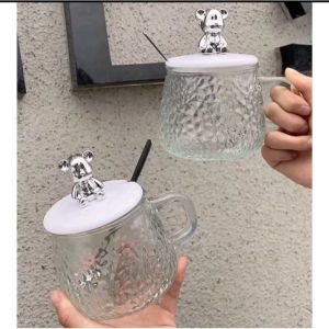 Gelas Minum Kaca Dengan Tutup Beruang | Gelas Susu Teh Gelas Kopi Mug Air Simpel Aesthetic