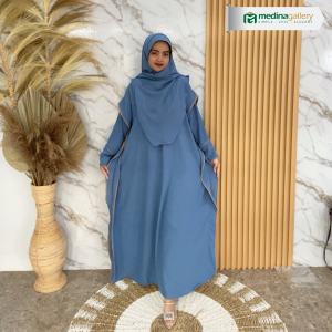 (New) Medina Abaya Kaftan Set Pashmina Oval Umroh Batwing Oversize Gold Button Crinkle Premium