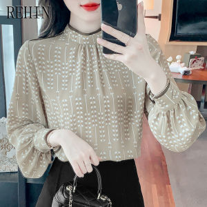 REHIN Polka Dot Bubble Sleeve Long Sleeve Shirt High-neck Standing Collar Fit Commuter Blouse Womens Tops