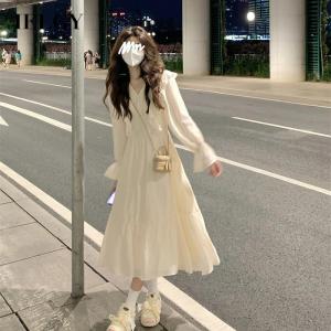 IELGY French high-end womens ruffled long-sleeved high-waisted dress