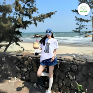 Set đồ bộ nữ Gucaa Việt Nam áo phông in mèo mix chân váy 3 tầng dễ thương