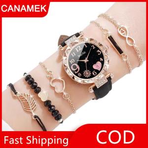 【CANAMEK】 6 cái bộ của phụ nữ xem hoa giản dị thạch anh xem PU da cổ tay xem Vòng đeo tay kết hợp bộ đồ trang sức quà tặng cho phụ nữ cô gái