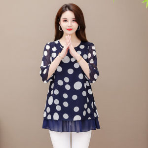 Yta Women Chiffon Shirts Polka Dot Printing Batwing Sleeve Shirts Big size L-5XL