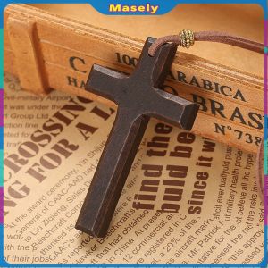 Masely Wooden Cross Necklace On Leather Cord For Pendant In Black Brown Tone Jewelry