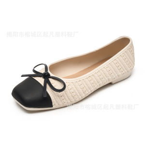 Free Shipping-Style WomenS Shoes Spring/Autumn Collection Retro Woven Patchwork Ballet Flats With A Bow And Square Toe Flat Soles