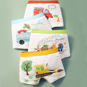 4 Pcs Cartoon Graffiti Cart Summer Boys Boxer Shorts Pure Cotton Underwear Teenagers Class A Cotton Four-Point Shorts 夏季 男童 平角 纯棉内裤 青少年 A类全棉 四角裤短裤 FUNIANQI