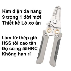 Kìm tuốt dây điện đa năng 9 trong 1 Kìm điện đa năng Thép gió HSS tước dây 4mm Lò xo ẩn (Loại 1 có đóng vỉ)