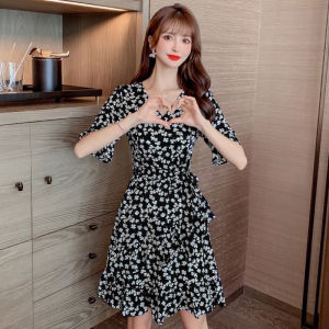 IELGYs new short-sleeved floral chiffon skirt waist slimming V-neck dress