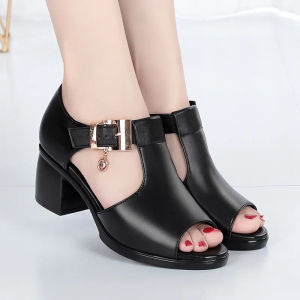 Korean School Sandals With Heels Mules for Women High Black 2 inches