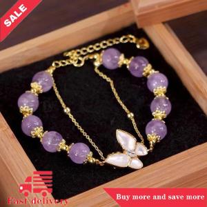 [COD] Double-layer Purple Beaded Butterfly Pendant Bracelet For Women Girls Fashion Jewelry Gifts