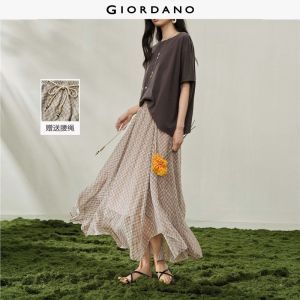 Giordano Women Jacquard fine check elastic waist woven midi skirt - High Quality Free Shipping 18466808