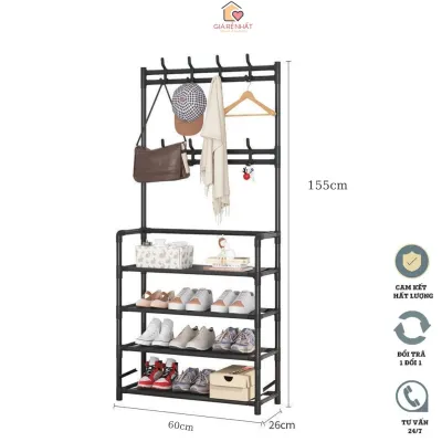 Kệ để giày dép đa năng 4 tầng có 8 móc treo quần áo kiểu dáng chữ h thông minh tiện ích Kích thước 155x26x60 cm