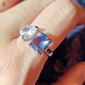 Blue Fluorite Clear Quartz Titanium Adjustable Ring