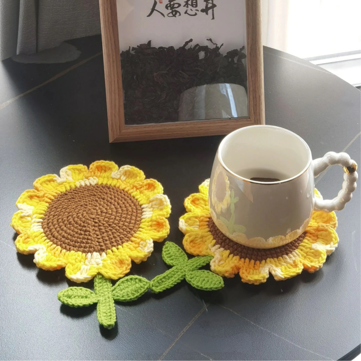 Lót Ly Len Handmade Hoa Hướng Dương – Coaster Móc Tay Trang Trí Bàn Trà ...