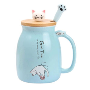 Kawaii Tea Cup Cute Cat Ceramic Coffee Mug with Lid and Spoon Japanese style Novelty Gifts for Women Cat lover Gifts 16oz