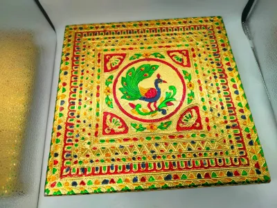 Chowki decor piece/Rajasthani Golden meenakari Pooja Chowki/ All Purpose chowki Flower Design for Pooja ghar Gold/Square shape
