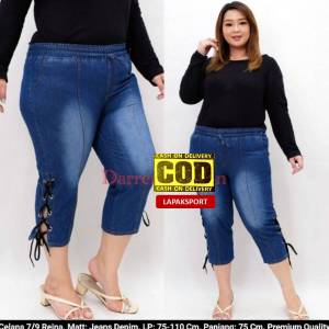Celana Jeans 7/9 Wanita Jumbo Bahan Denim Melar Model Reina Garis Variasi Tali