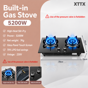 Tixx 9KW Gas Stove Double Burner Flip-Lid Built-In Flame out Protection Explosion-Proof Glass