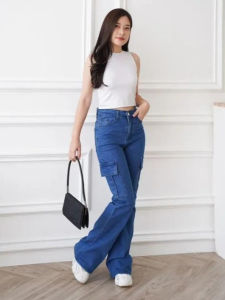 Celana Cutbray Cargo Wanita Jeans Dewasa Highwaist / Celana Cutbray Wanita Kantong Cargo Panjang