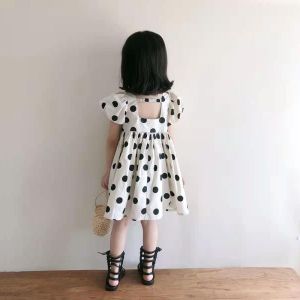 LS Show Girls Summer Short Sleeve Dress Polka Dot Korean Style Girls Cute Bubble Sleeves Fashion Backless Princess Dress