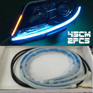2pcs 45cm Ultra Thin Car Flexible Tube LED Strip DRL Running Light Turn Signal Lamp Ice Blue Yellow